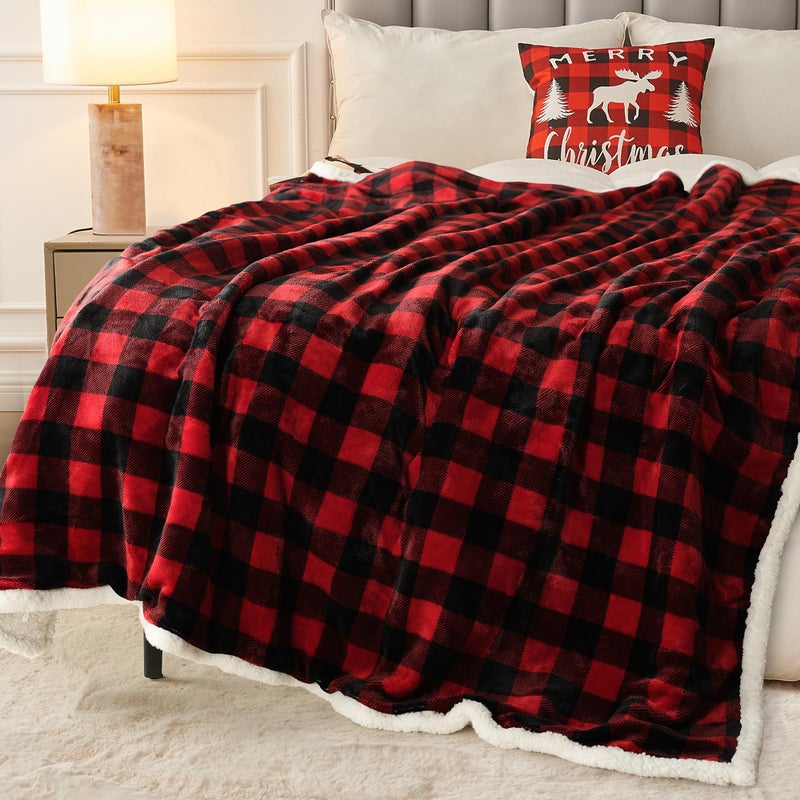 BEAUTEX Christmas Sherpa Fleece Throw Blanket, Super Soft Warm Buffalo Plaid Plush Blankets and Throws, Warm Winter Cozy Fuzzy Blanket for Couch Sofa Bed (Red, 50" x 60") - Image 5